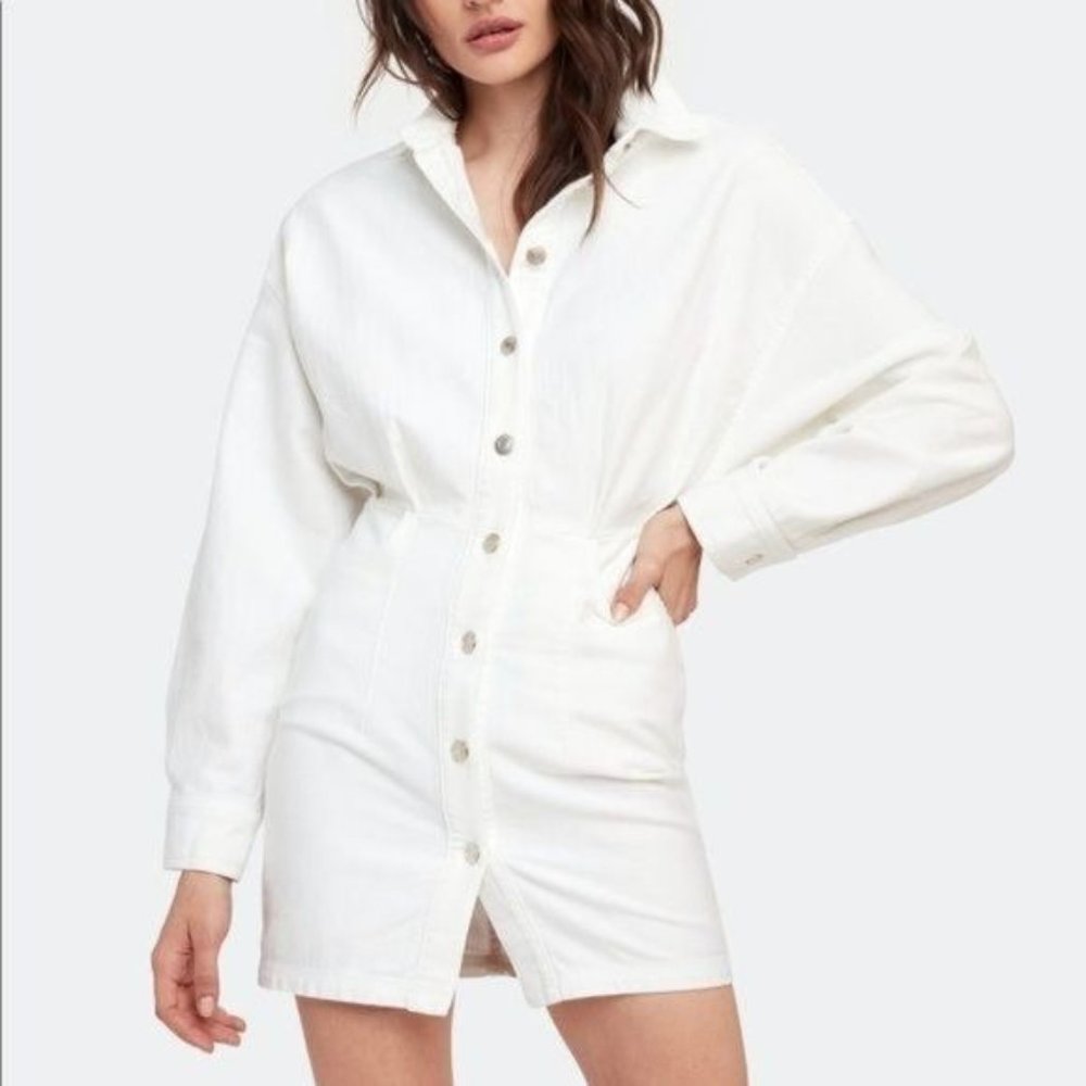 IRO RAFFA BALLOON SLEEVE DENIM COLLARED BLOUSON BUTTON MINI DRESS WHITE 42 NWT